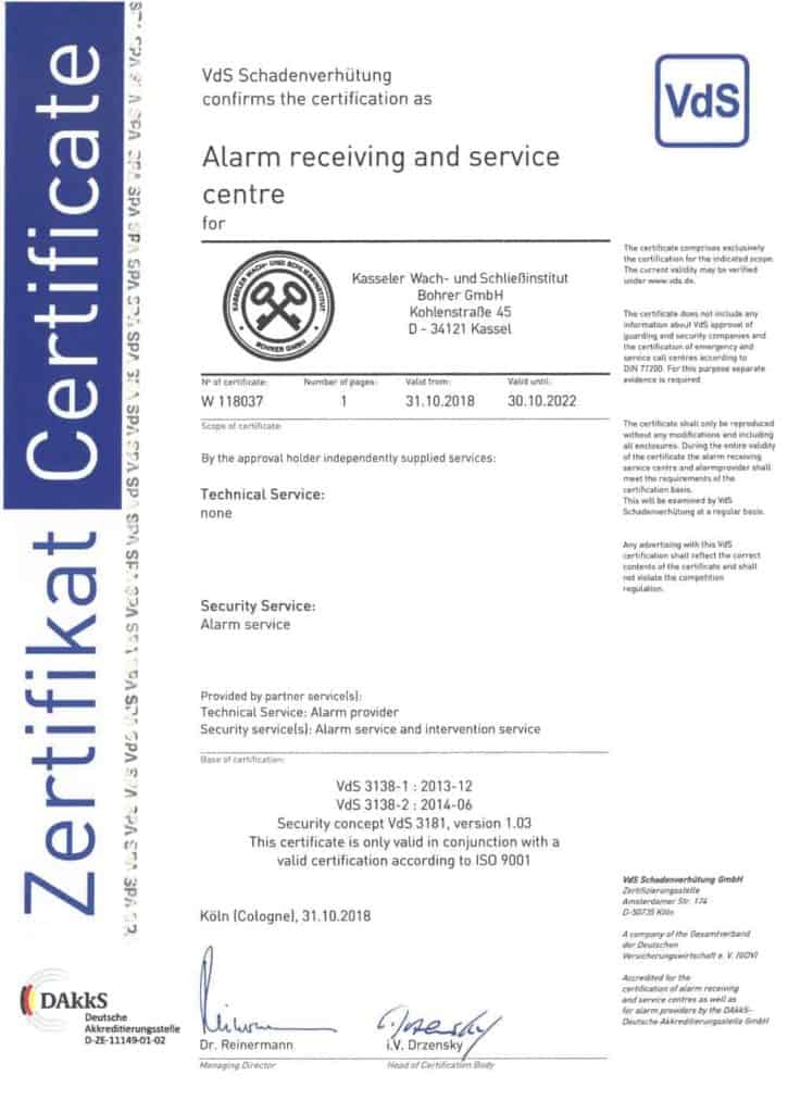Zertifikat VdS 3138 - Kasseler Wach- und Schliessinstitut Bohrer GmbH Kassel